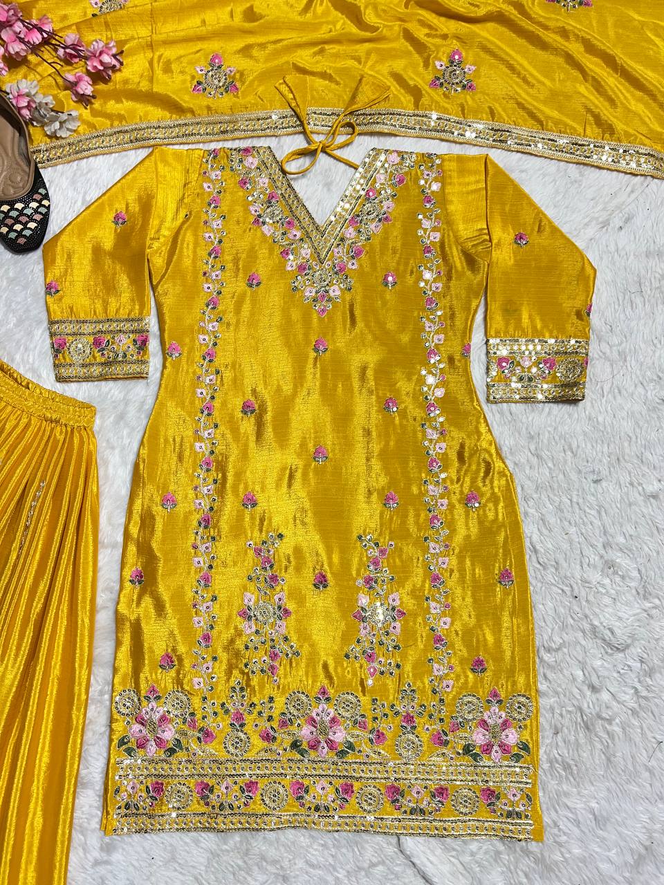 Demanding Yellow Color Pure Chinon Silk With Heavy Embroidery Coding Sequence Work Palazzo Suit