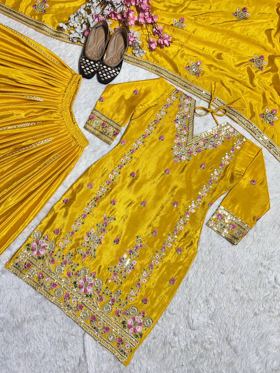 Demanding Yellow Color Pure Chinon Silk With Heavy Embroidery Coding Sequence Work Palazzo Suit