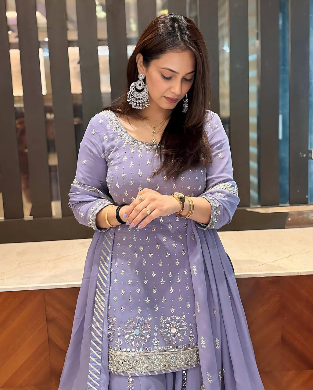 Wedding Wear Grey Color Heavy Faux Georgette With Embroidery Sequences Work Designer Palazzo Suit