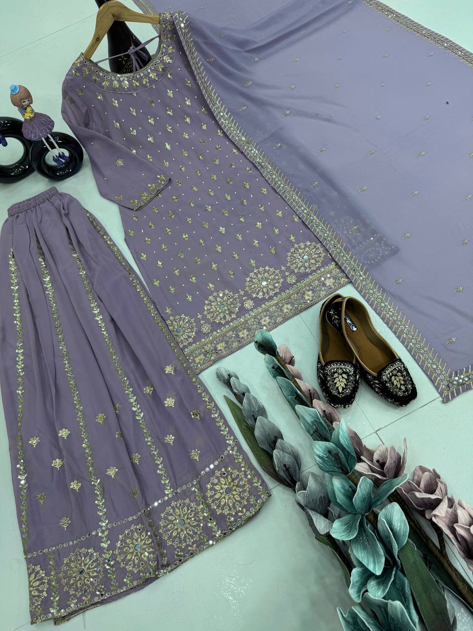 Wedding Wear Grey Color Heavy Faux Georgette With Embroidery Sequences Work Designer Palazzo Suit