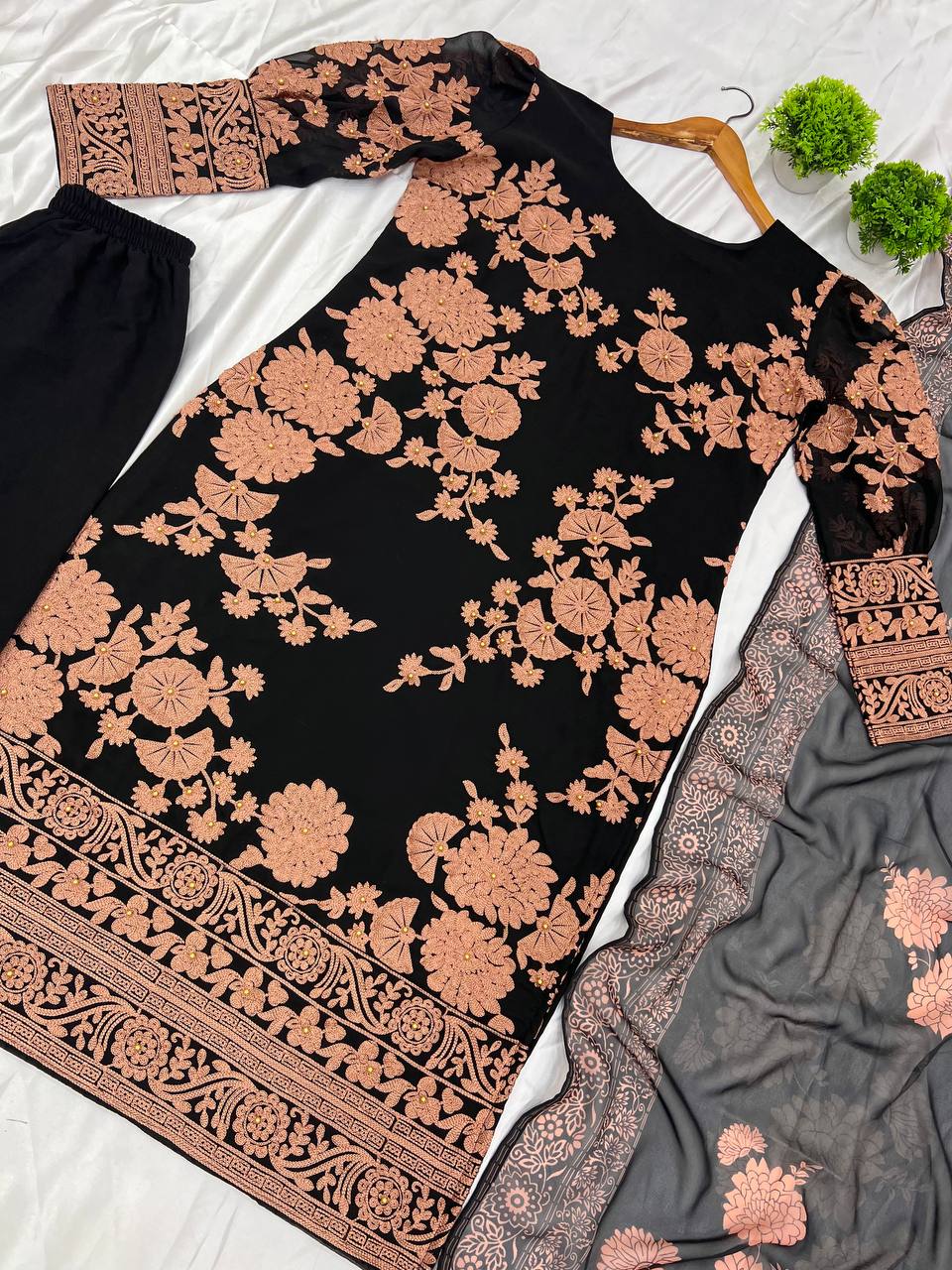 Admiring Black Color Heavy Georgette With Embroidery Work And Moti Work Salwar Suit