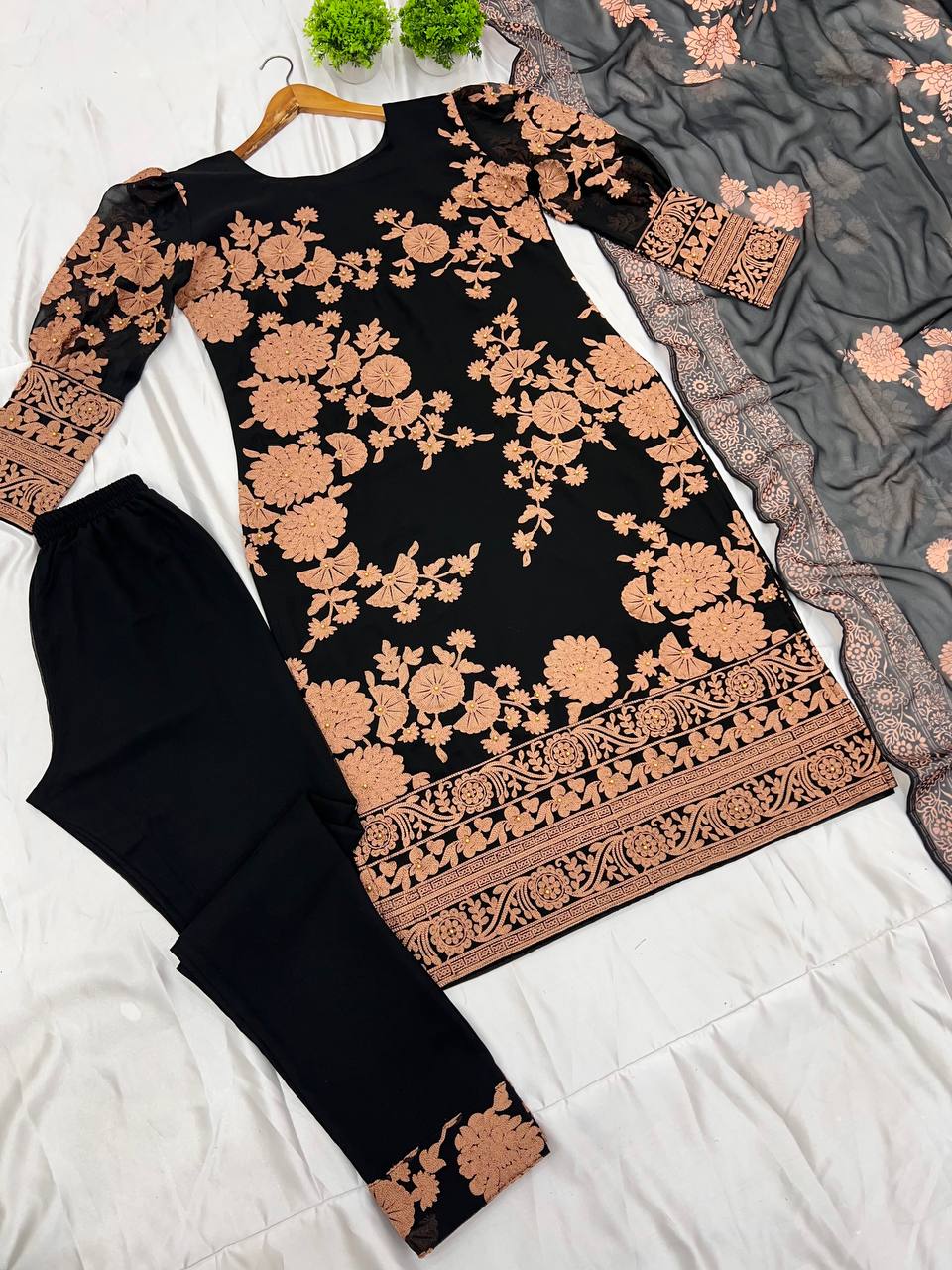 Admiring Black Color Heavy Georgette With Embroidery Work And Moti Work Salwar Suit