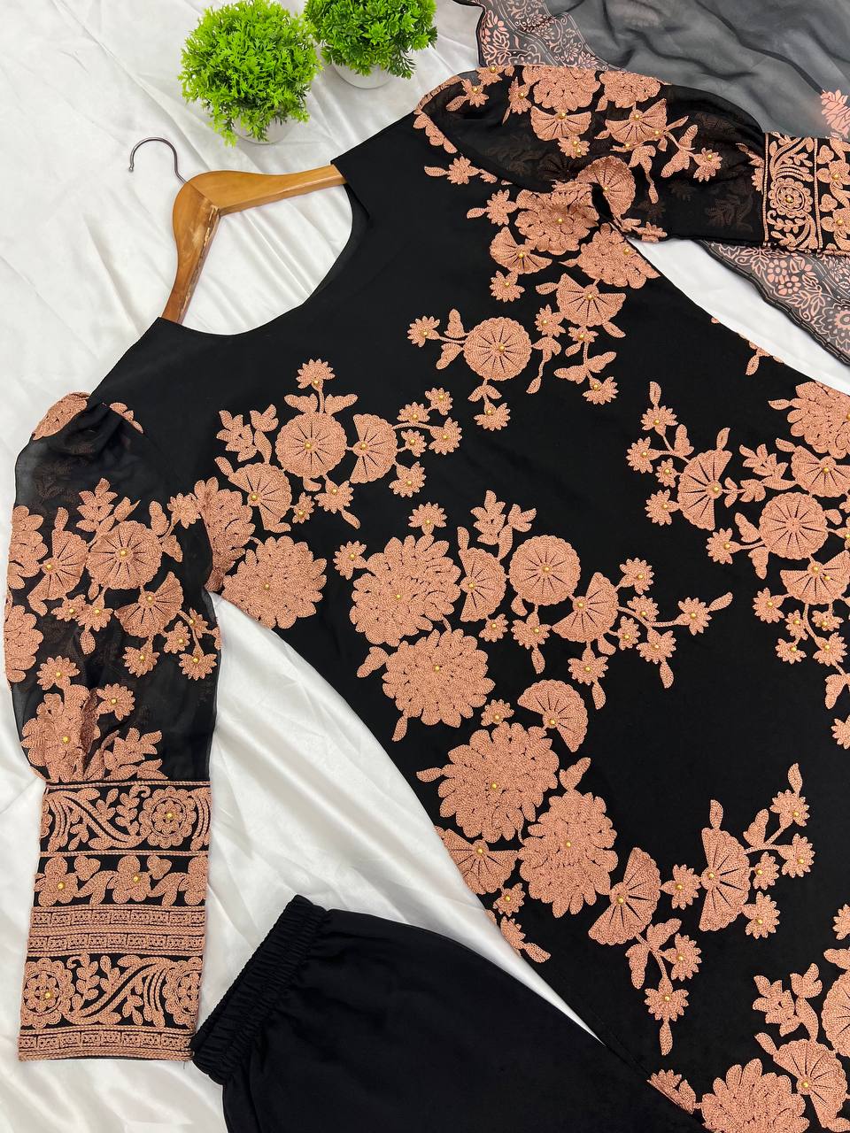 Admiring Black Color Heavy Georgette With Embroidery Work And Moti Work Salwar Suit