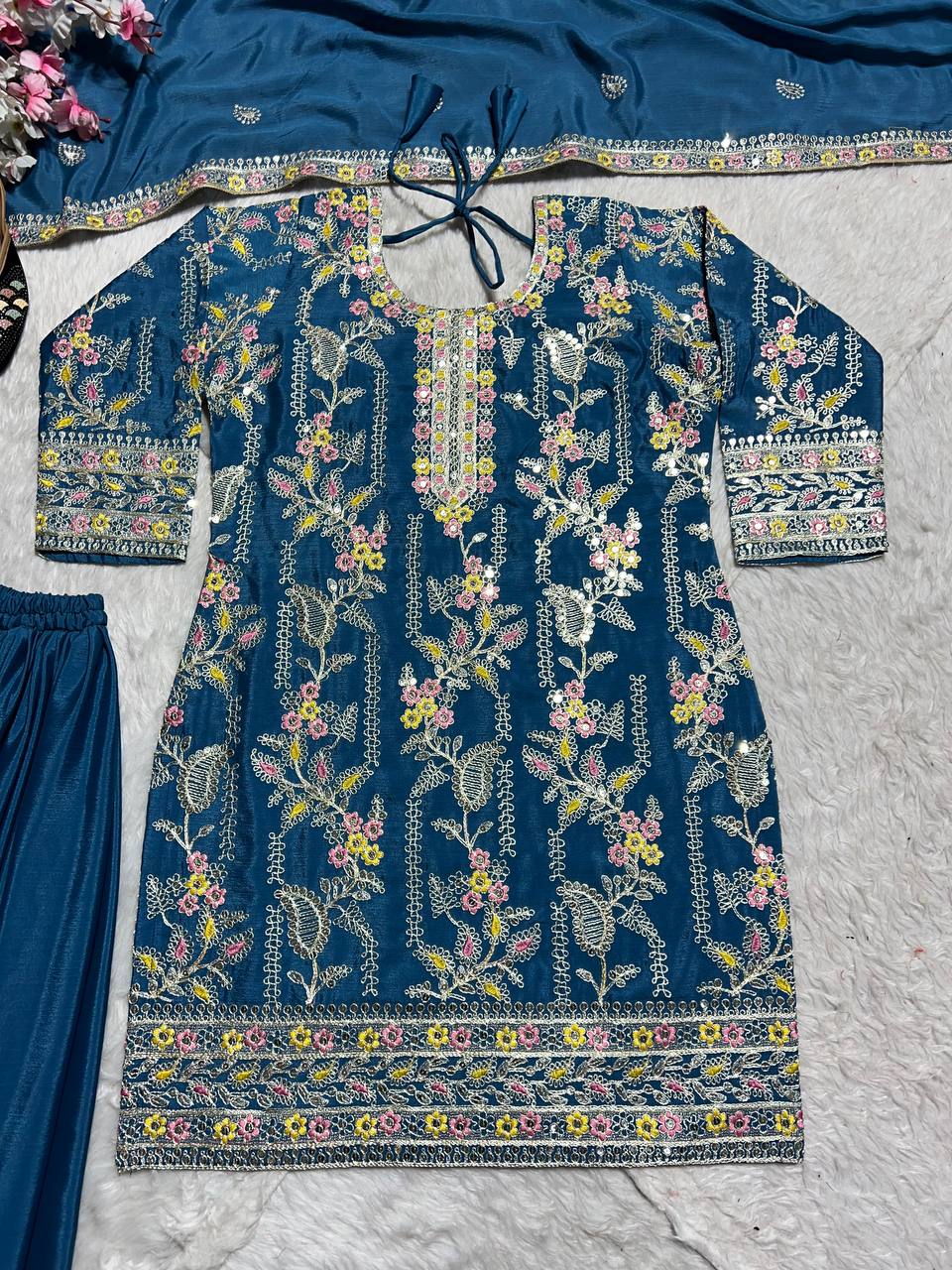 Preferable Teal Green Pure Chinon Silk With Embroidery Coding Sequence Work Palazzo Suit