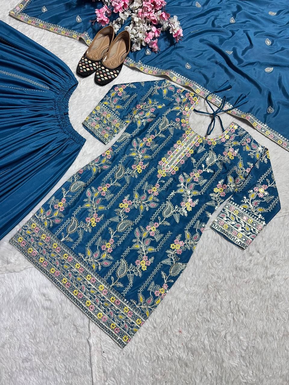 Preferable Teal Green Pure Chinon Silk With Embroidery Coding Sequence Work Palazzo Suit