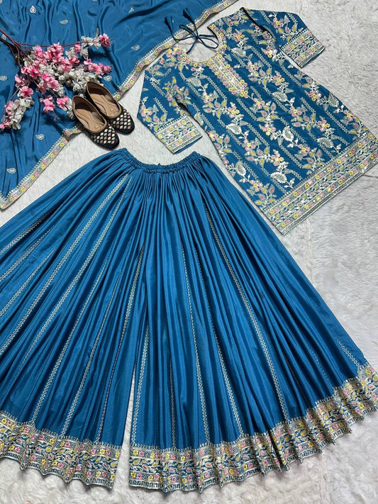Preferable Teal Green Pure Chinon Silk With Embroidery Coding Sequence Work Palazzo Suit