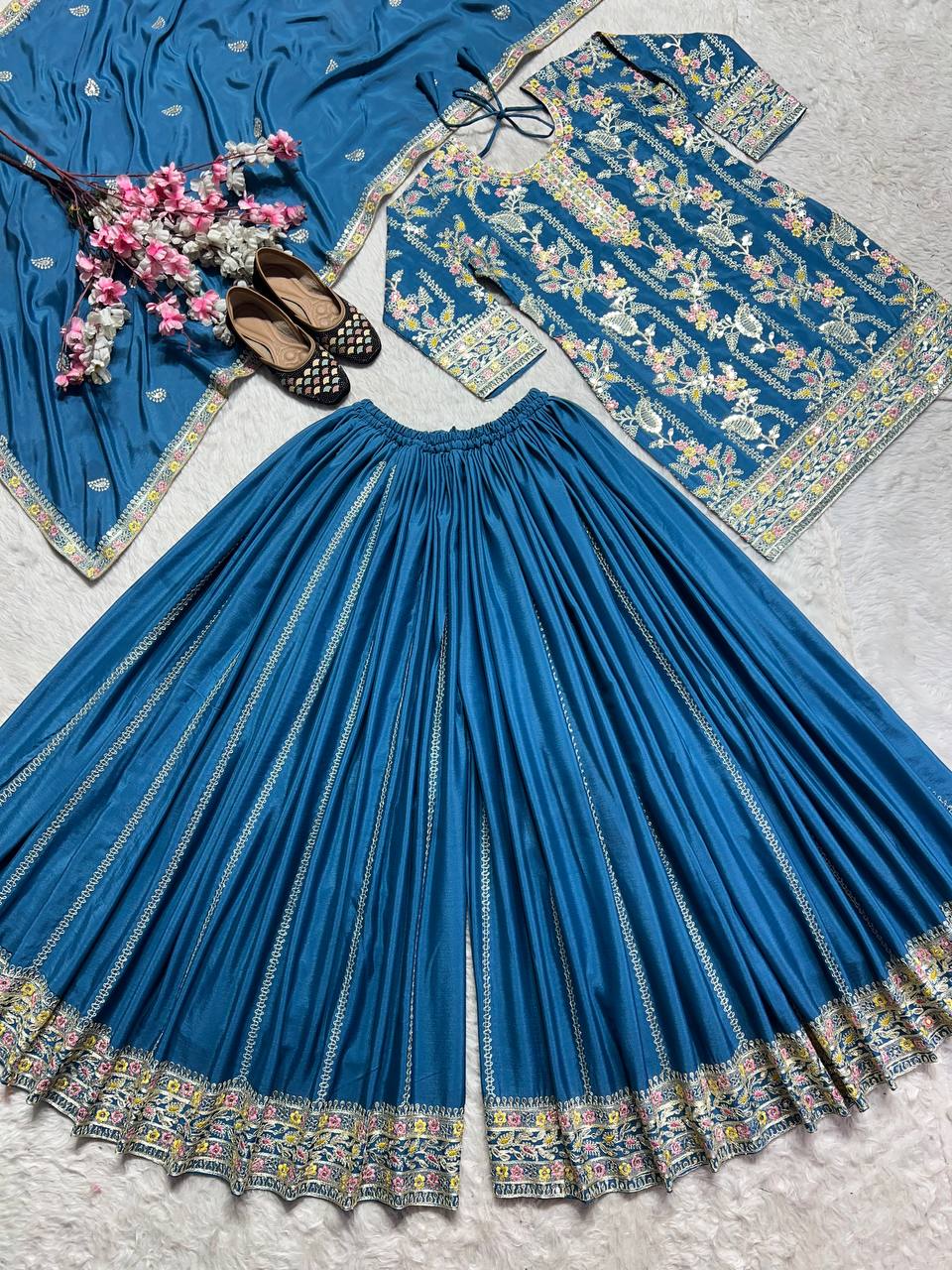 Preferable Teal Green Pure Chinon Silk With Embroidery Coding Sequence Work Palazzo Suit
