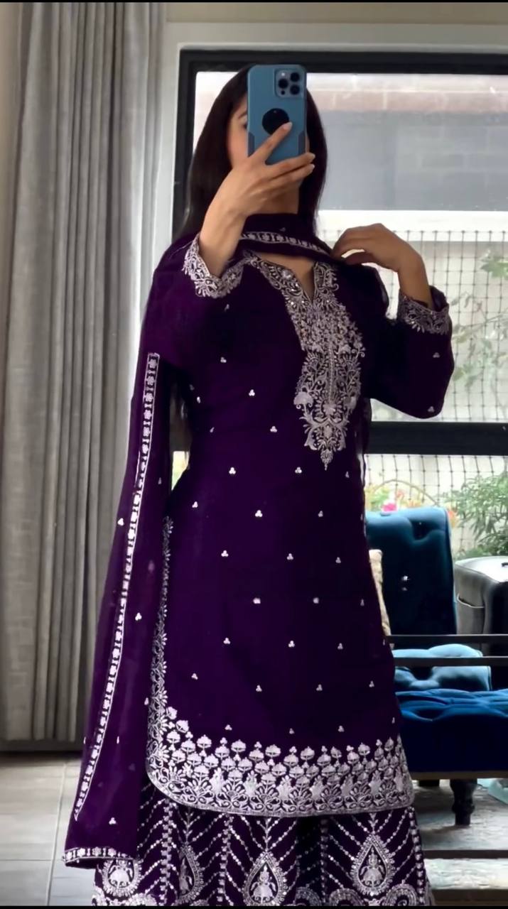 Occasion Wear Purple Color Pure Heavy Chinon Silk With Heavy Embroidery Work Palazzo Suit
