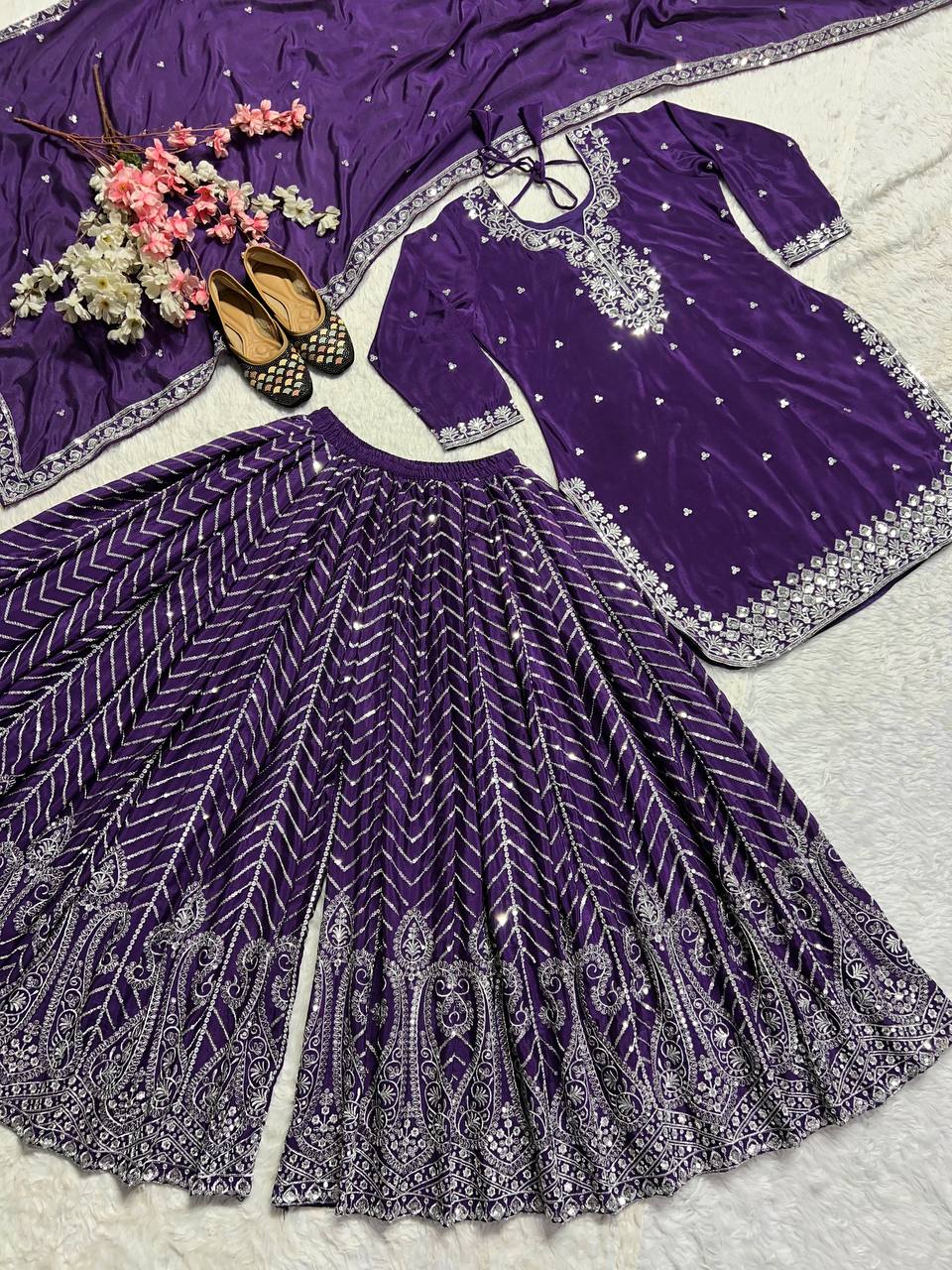 Occasion Wear Purple Color Pure Heavy Chinon Silk With Heavy Embroidery Work Palazzo Suit
