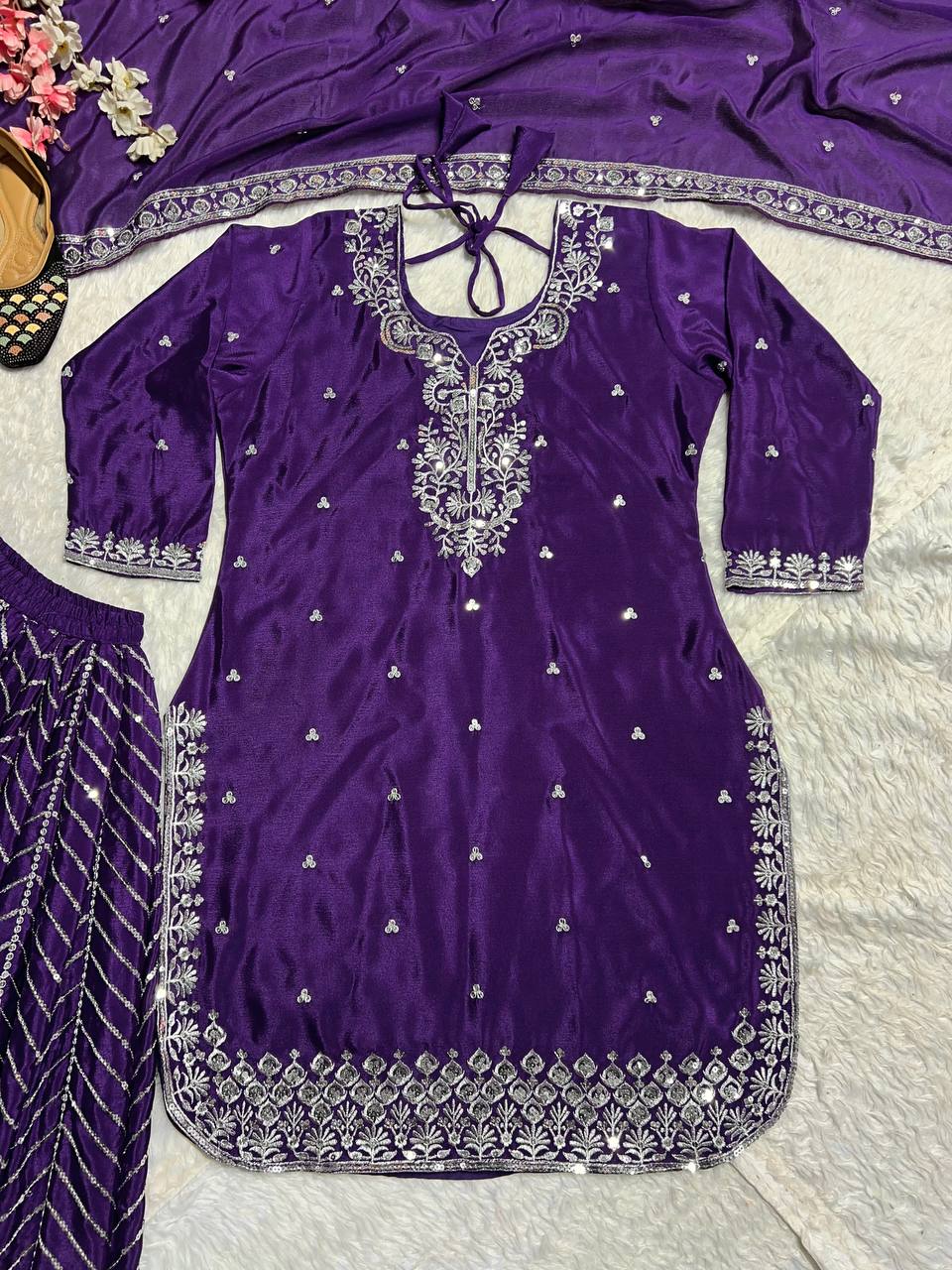 Occasion Wear Purple Color Pure Heavy Chinon Silk With Heavy Embroidery Work Palazzo Suit