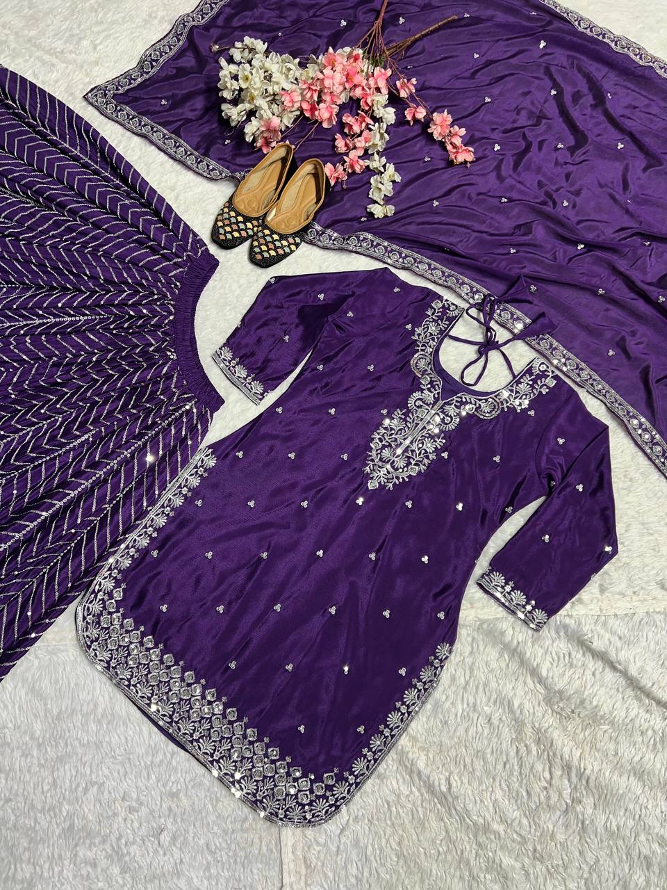 Occasion Wear Purple Color Pure Heavy Chinon Silk With Heavy Embroidery Work Palazzo Suit
