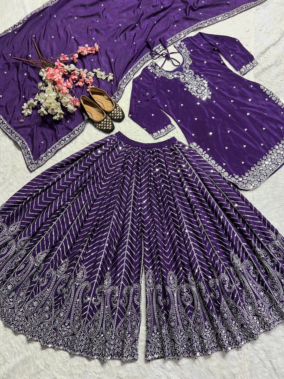 Occasion Wear Purple Color Pure Heavy Chinon Silk With Heavy Embroidery Work Palazzo Suit