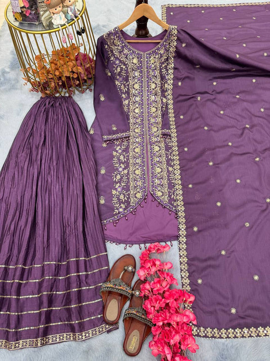 Ravishing Lavender Color Heavy Pure Chinon Silk With Heavy Embroidery Designer Palazzo Suit