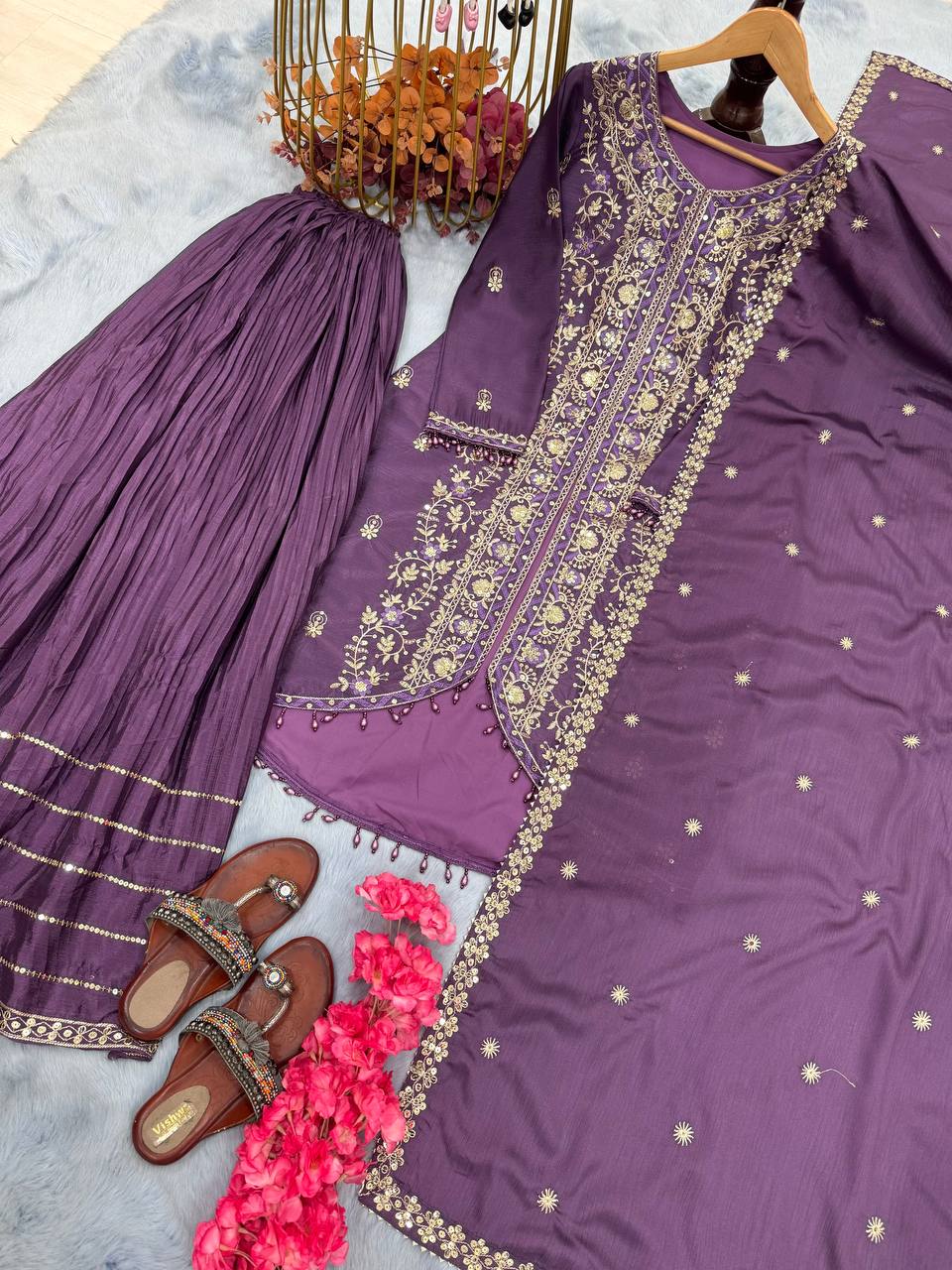 Ravishing Lavender Color Heavy Pure Chinon Silk With Heavy Embroidery Designer Palazzo Suit