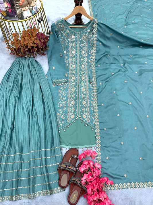 Ravishing Sky Blue Color Heavy Pure Chinon Silk With Heavy Embroidery Designer Palazzo Suit