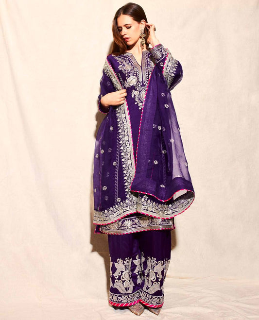 Fantastic Purple Color Pure Chinon Silk With Embroidery Coding Sequence Work Palazzo Suit