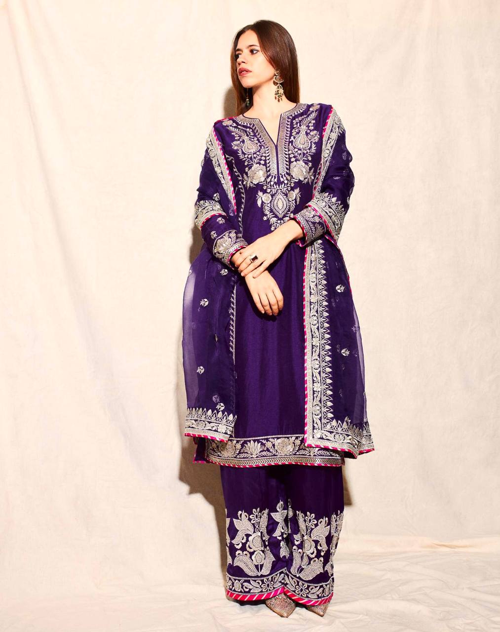 Fantastic Purple Color Pure Chinon Silk With Embroidery Coding Sequence Work Palazzo Suit