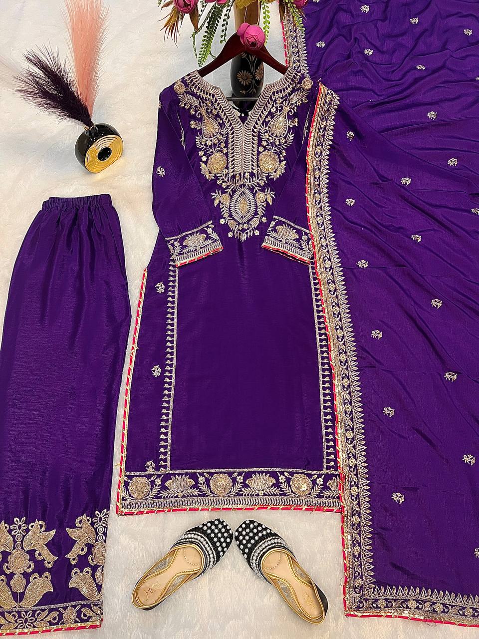Fantastic Purple Color Pure Chinon Silk With Embroidery Coding Sequence Work Palazzo Suit