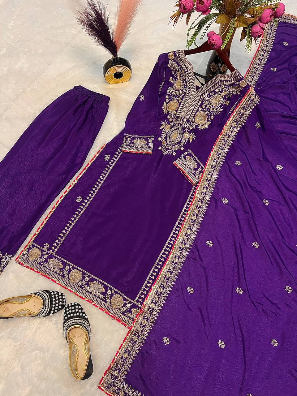 Fantastic Purple Color Pure Chinon Silk With Embroidery Coding Sequence Work Palazzo Suit