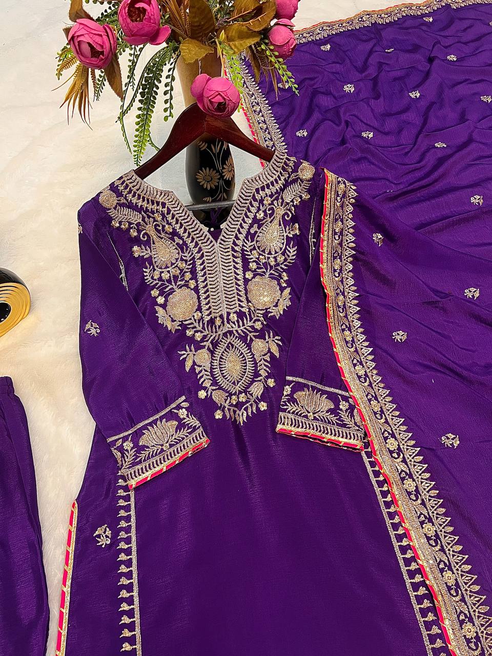 Fantastic Purple Color Pure Chinon Silk With Embroidery Coding Sequence Work Palazzo Suit