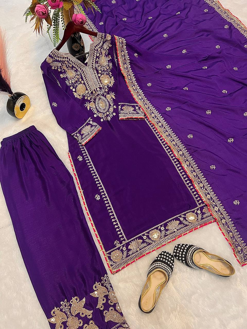 Fantastic Purple Color Pure Chinon Silk With Embroidery Coding Sequence Work Palazzo Suit