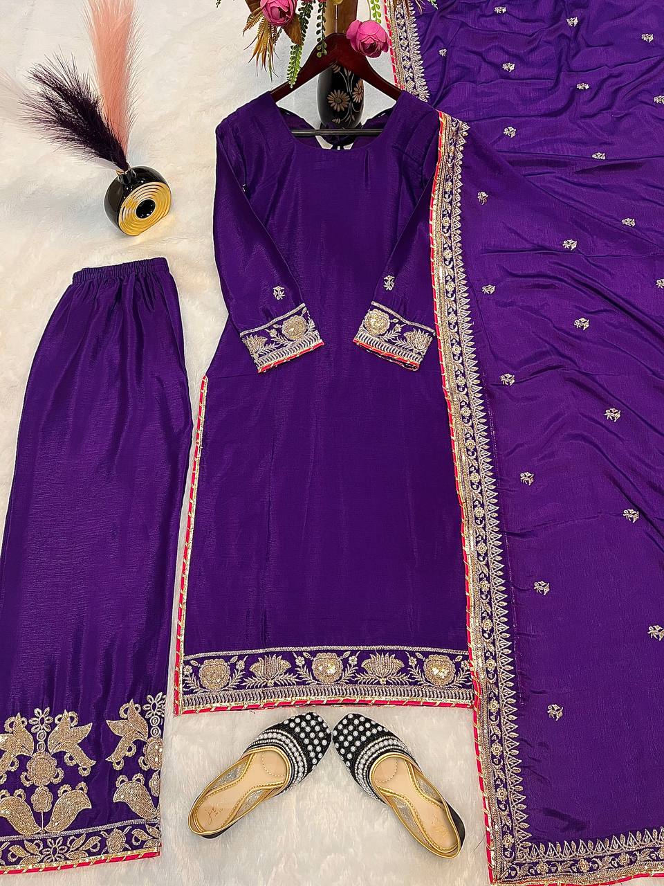 Fantastic Purple Color Pure Chinon Silk With Embroidery Coding Sequence Work Palazzo Suit