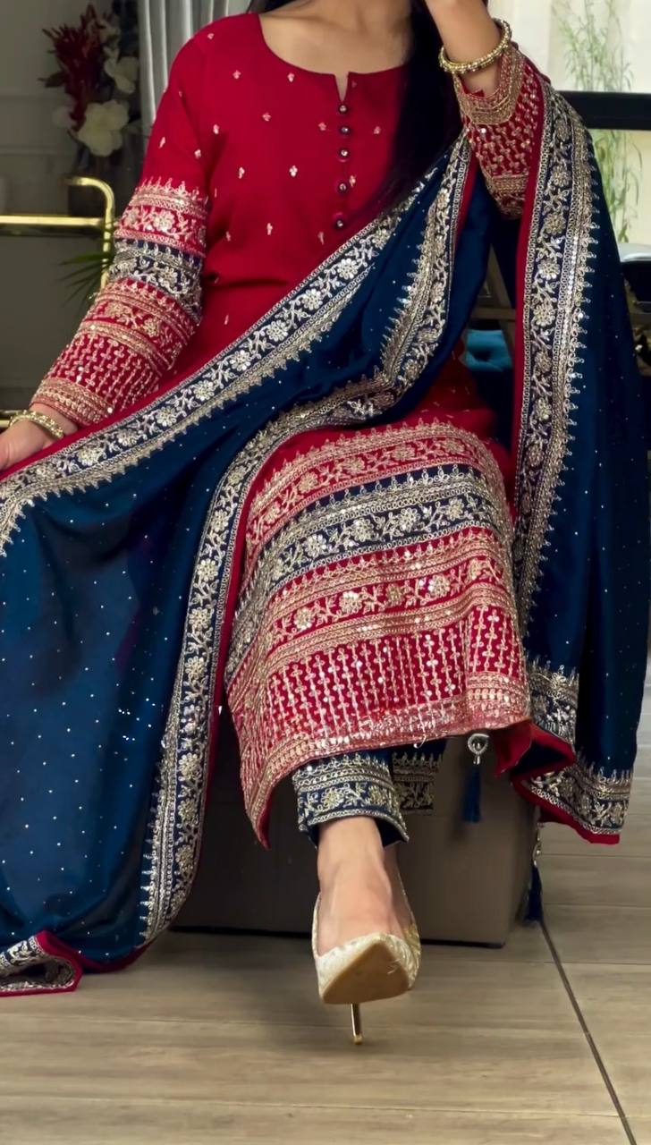 Embellished Maroon Color Faux Georgette With Heavy Embroidery Sequence Work Salwar Suit