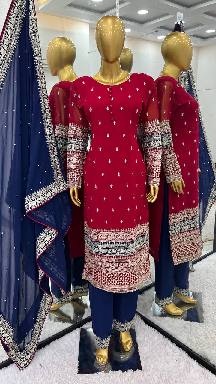 Embellished Maroon Color Faux Georgette With Heavy Embroidery Sequence Work Salwar Suit