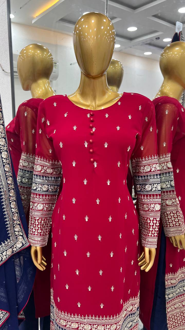 Embellished Maroon Color Faux Georgette With Heavy Embroidery Sequence Work Salwar Suit