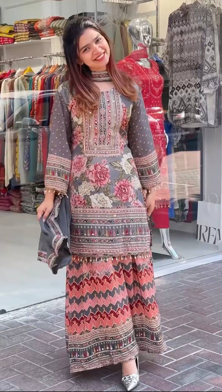 Beautiful Multi Color Heavy Faux Georgette Digital Print With Real Mirror Hand Work Palazzo Suit