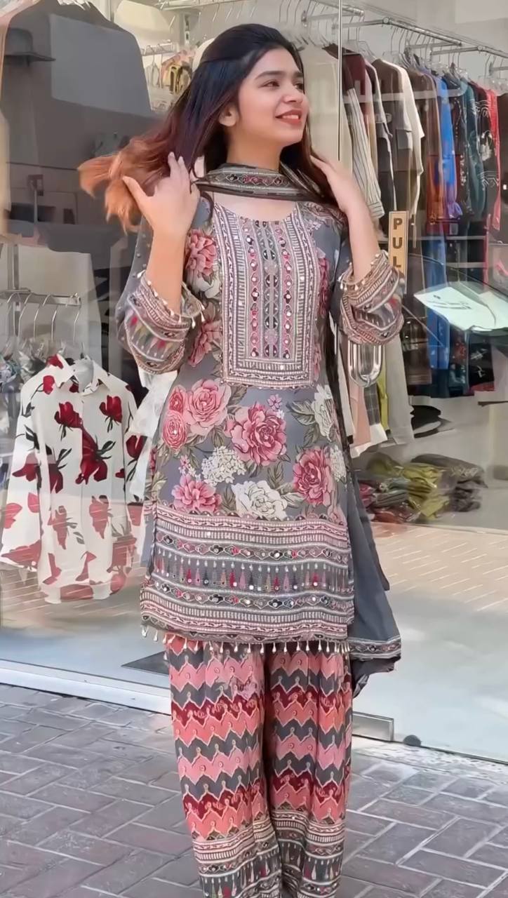 Beautiful Multi Color Heavy Faux Georgette Digital Print With Real Mirror Hand Work Palazzo Suit