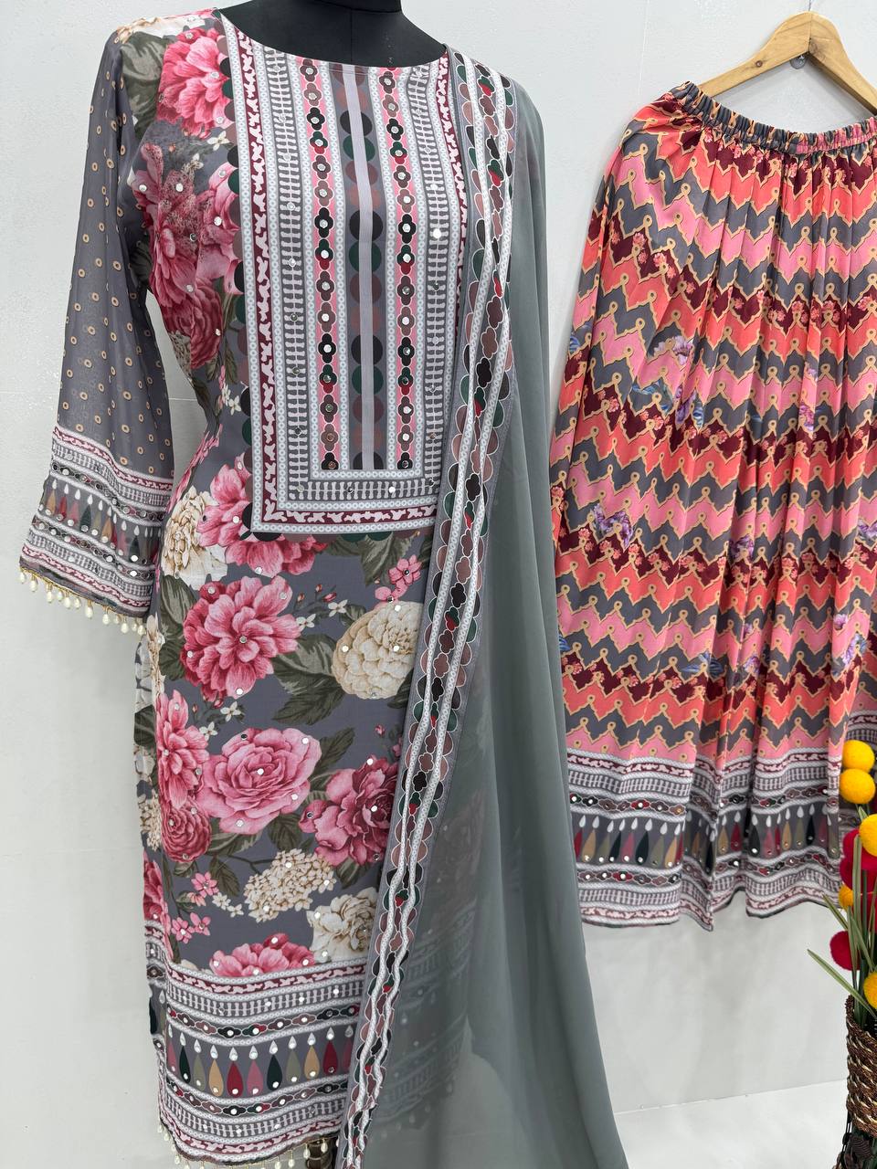 Beautiful Multi Color Heavy Faux Georgette Digital Print With Real Mirror Hand Work Palazzo Suit