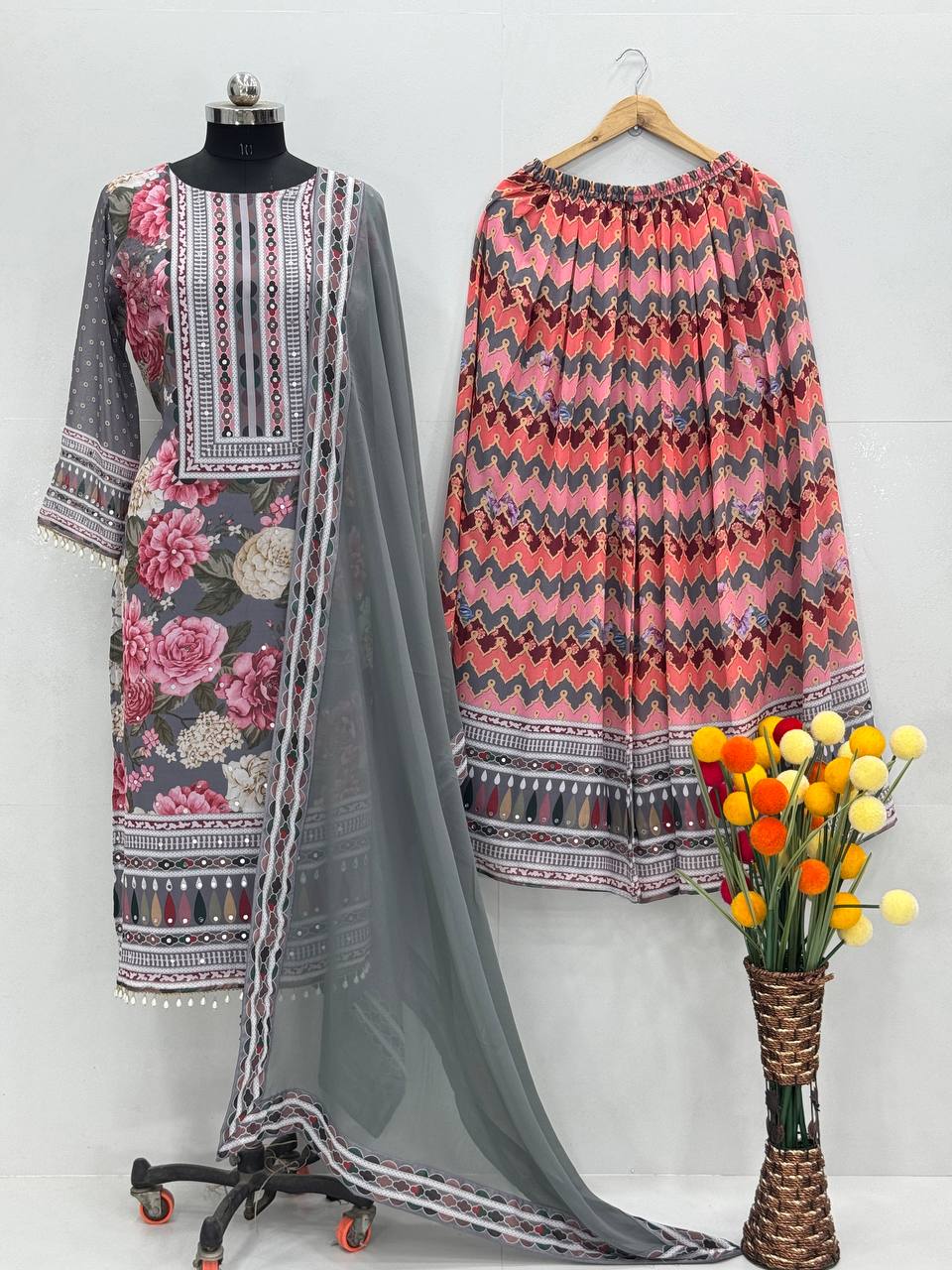 Beautiful Multi Color Heavy Faux Georgette Digital Print With Real Mirror Hand Work Palazzo Suit
