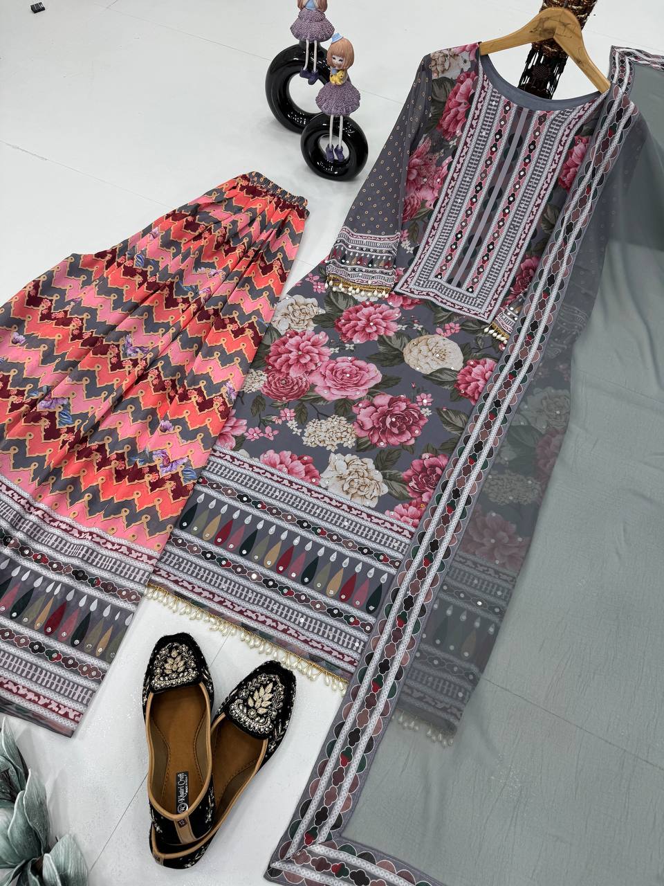 Beautiful Multi Color Heavy Faux Georgette Digital Print With Real Mirror Hand Work Palazzo Suit