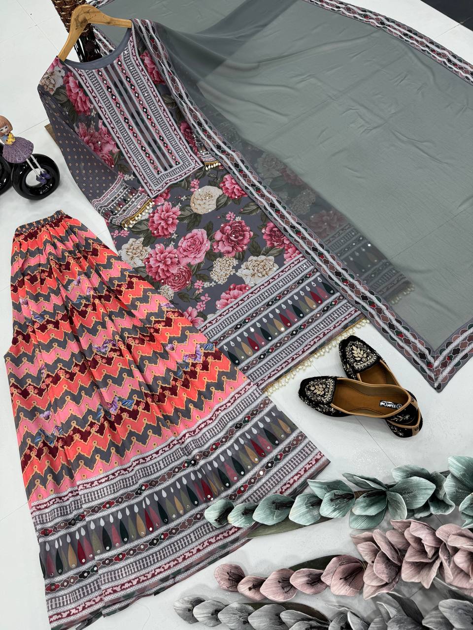 Beautiful Multi Color Heavy Faux Georgette Digital Print With Real Mirror Hand Work Palazzo Suit