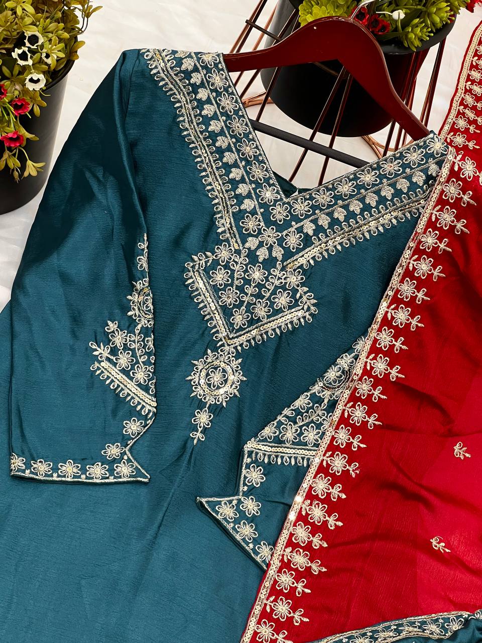 Beautiful Teal Green Color Chinon Silk With Heavy Embroidery Sequence Work Designer Salwar Suit