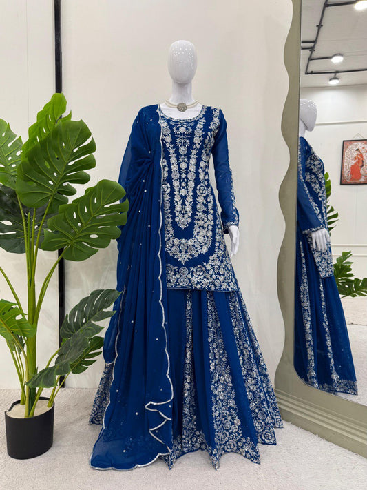 Party Wear Teal Blue Color Faux Georgette And Thread With Sequence Work Beautiful Palazzo Suit