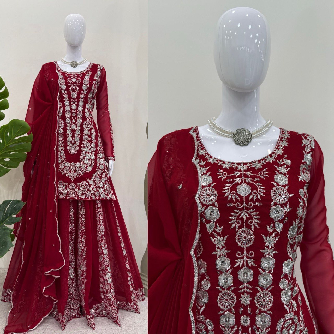 Wedding Wear Maroon Color Faux Georgette And Thread With Sequence Work Beautiful Palazzo Suit