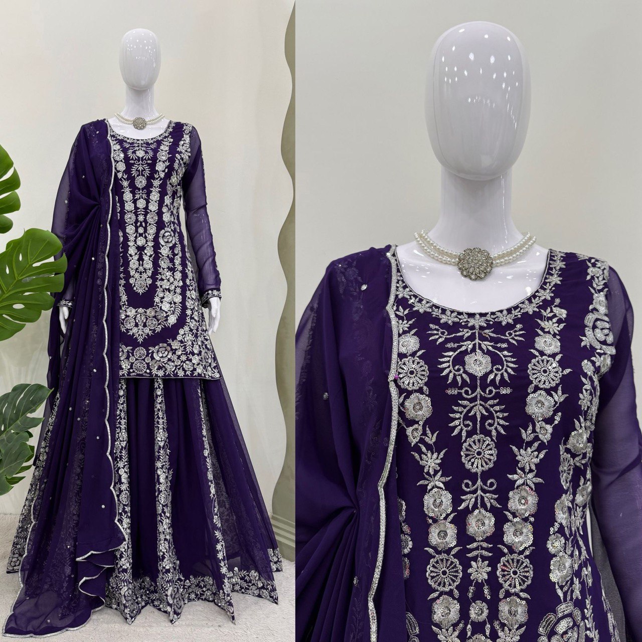 Festive Wear Navy Color Faux Georgette And Thread With Sequence Work Beautiful Palazzo Suit
