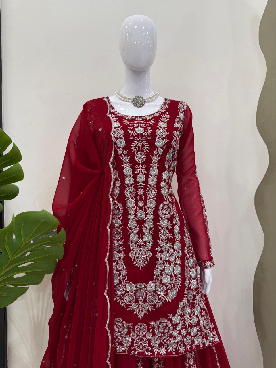 Wedding Wear Maroon Color Faux Georgette And Thread With Sequence Work Beautiful Palazzo Suit