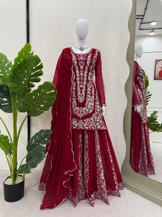 Wedding Wear Maroon Color Faux Georgette And Thread With Sequence Work Beautiful Palazzo Suit