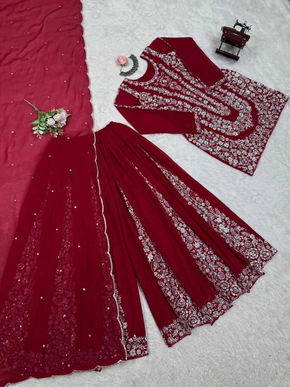 Wedding Wear Maroon Color Faux Georgette And Thread With Sequence Work Beautiful Palazzo Suit