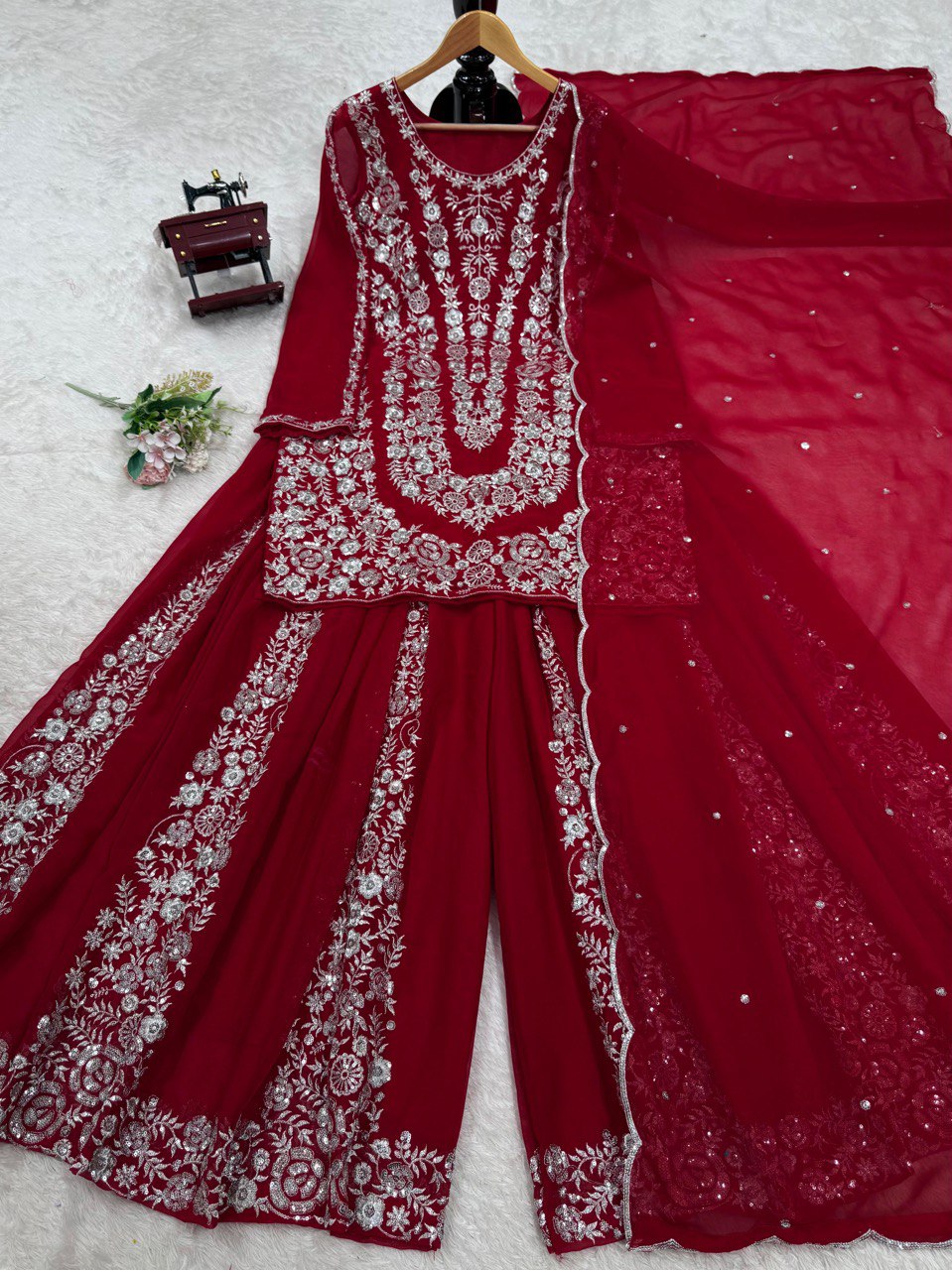 Wedding Wear Maroon Color Faux Georgette And Thread With Sequence Work Beautiful Palazzo Suit