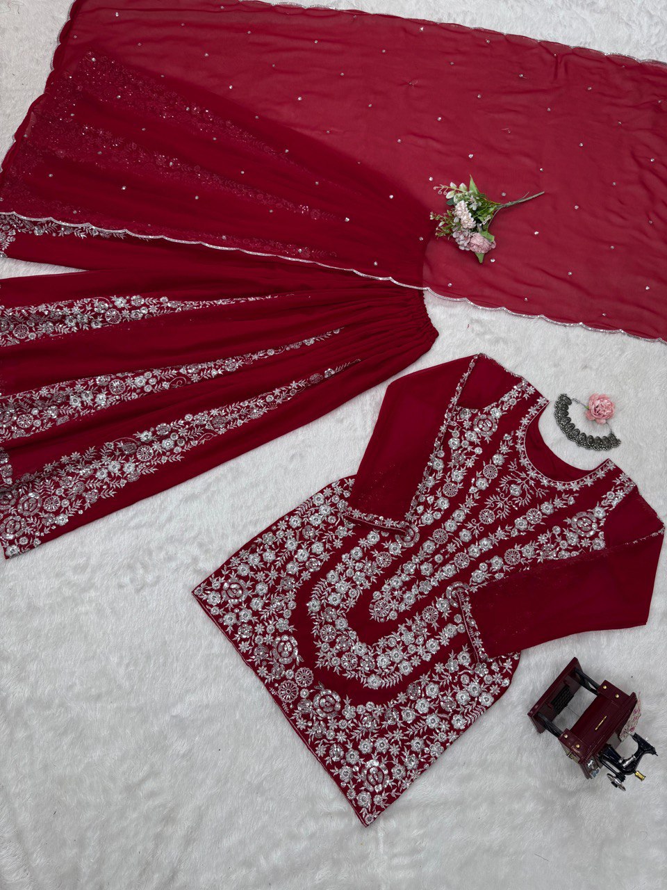 Wedding Wear Maroon Color Faux Georgette And Thread With Sequence Work Beautiful Palazzo Suit