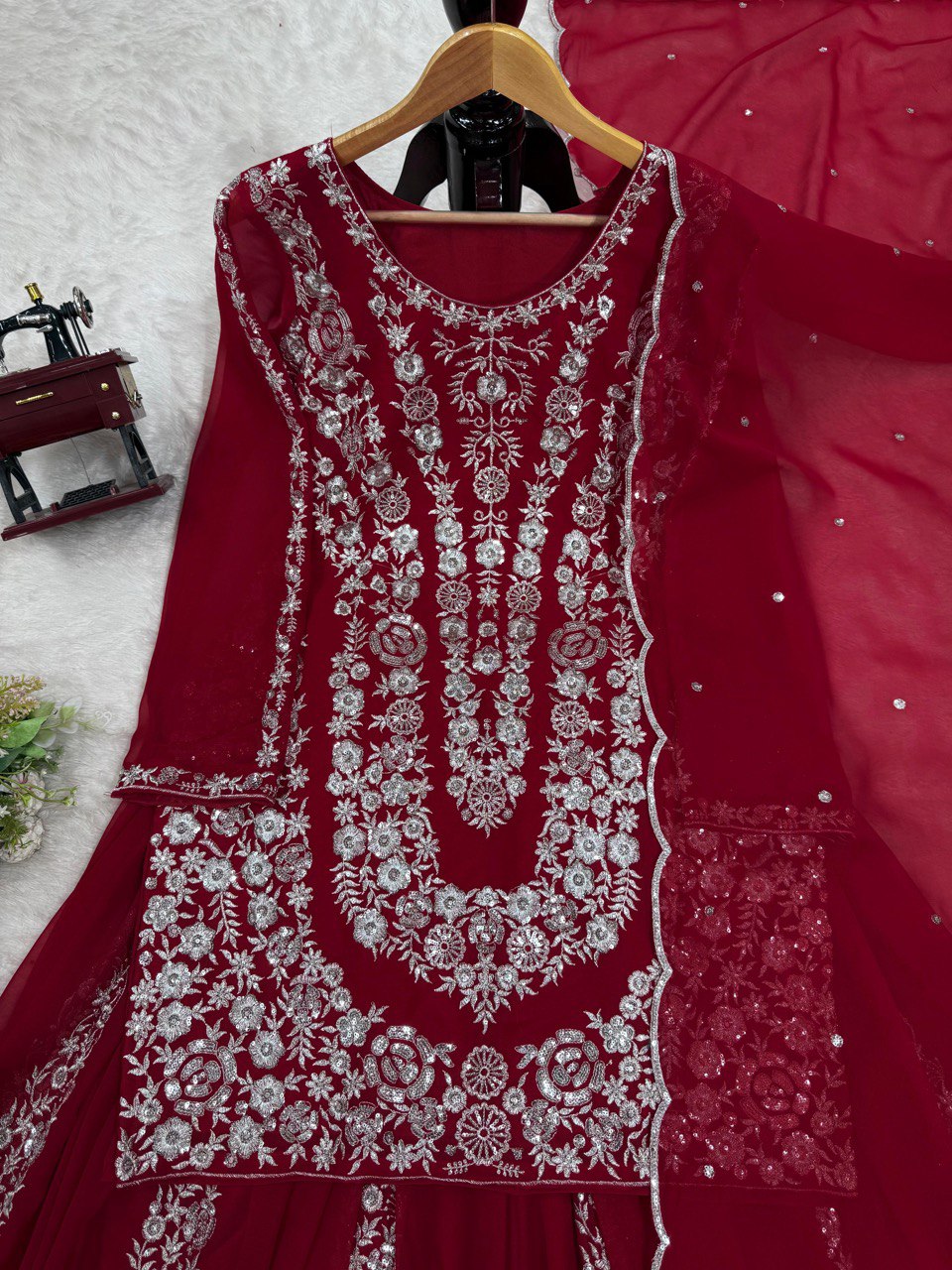 Wedding Wear Maroon Color Faux Georgette And Thread With Sequence Work Beautiful Palazzo Suit