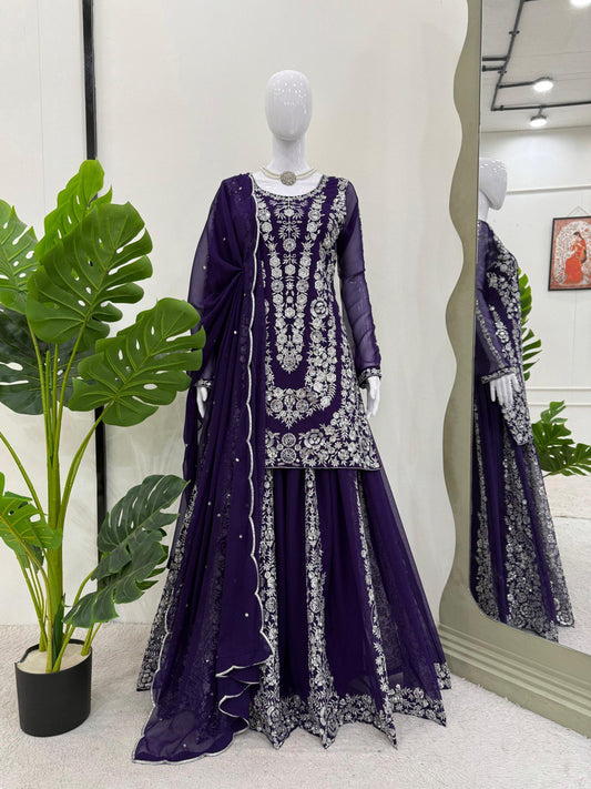 Festive Wear Navy Color Faux Georgette And Thread With Sequence Work Beautiful Palazzo Suit