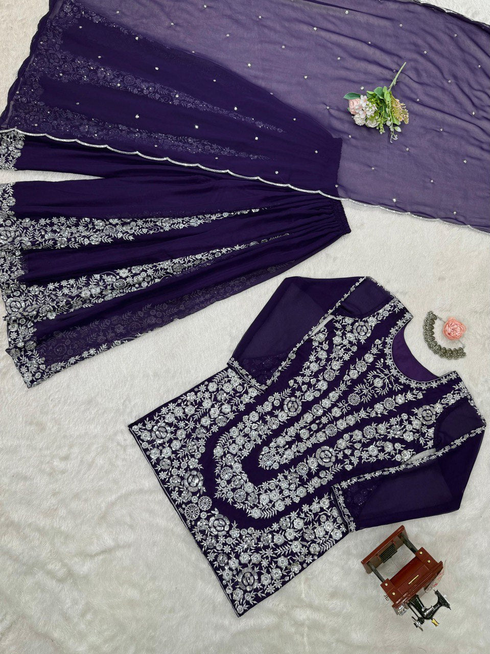 Festive Wear Navy Color Faux Georgette And Thread With Sequence Work Beautiful Palazzo Suit