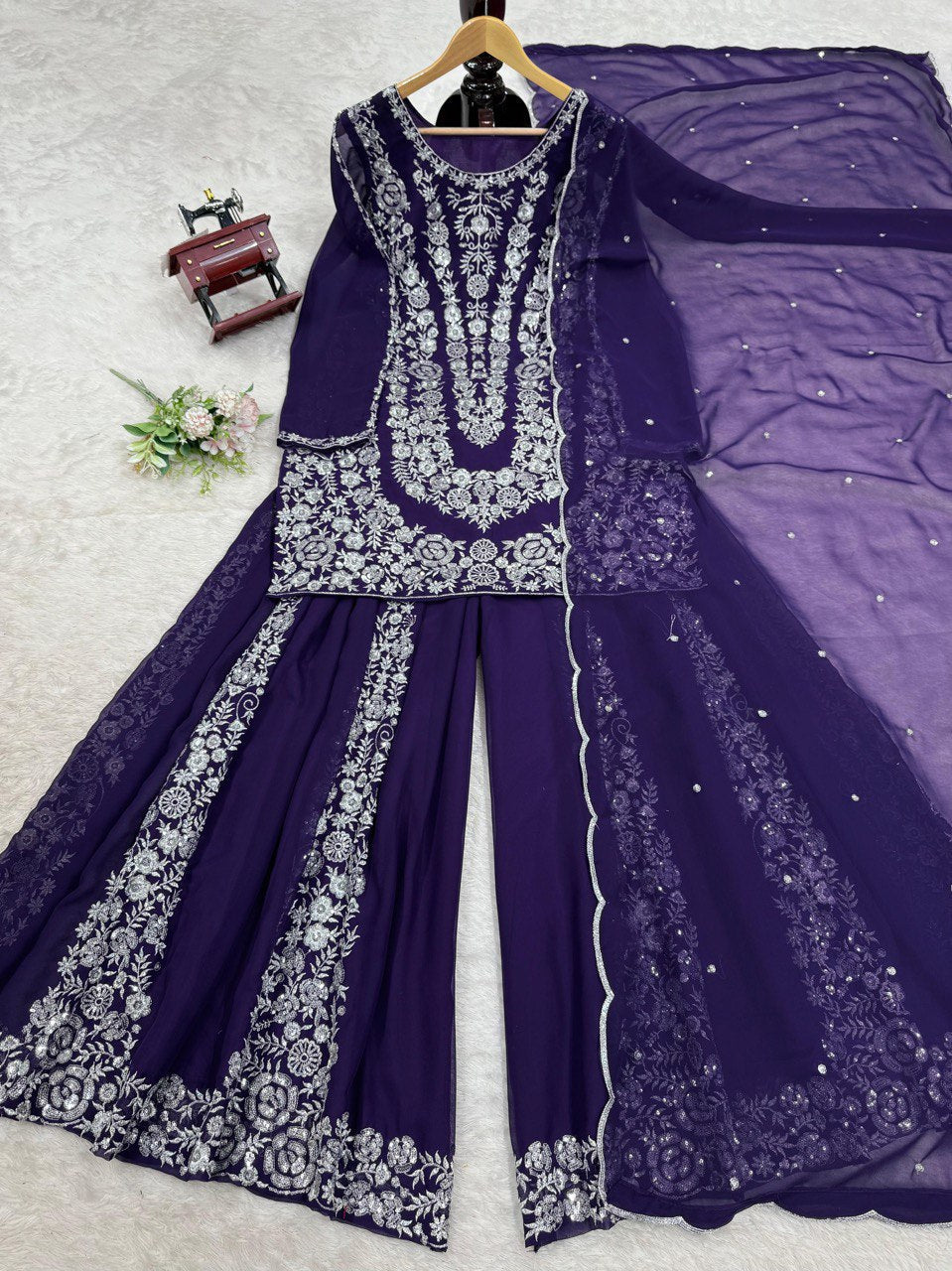 Festive Wear Navy Color Faux Georgette And Thread With Sequence Work Beautiful Palazzo Suit