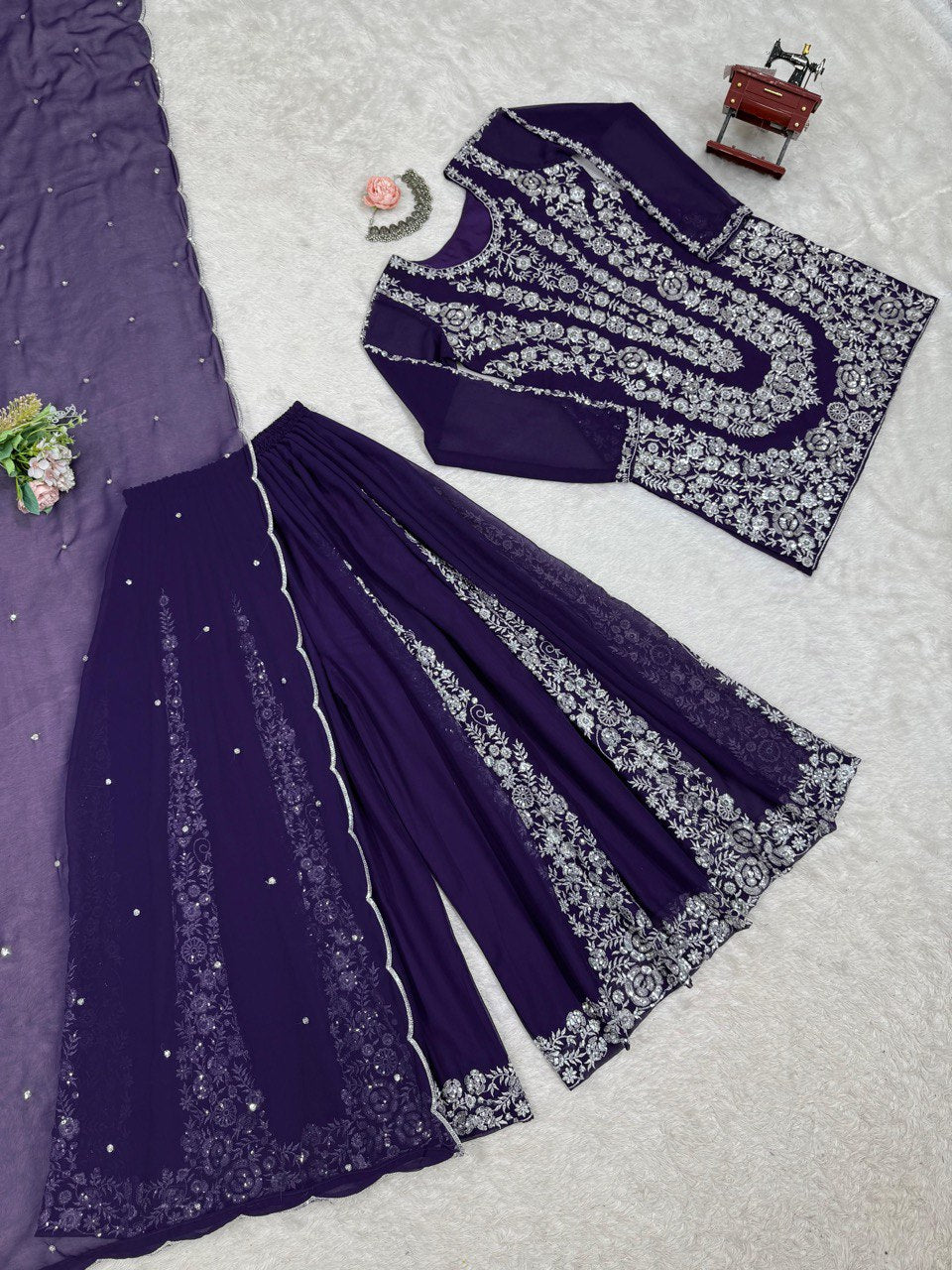 Festive Wear Navy Color Faux Georgette And Thread With Sequence Work Beautiful Palazzo Suit