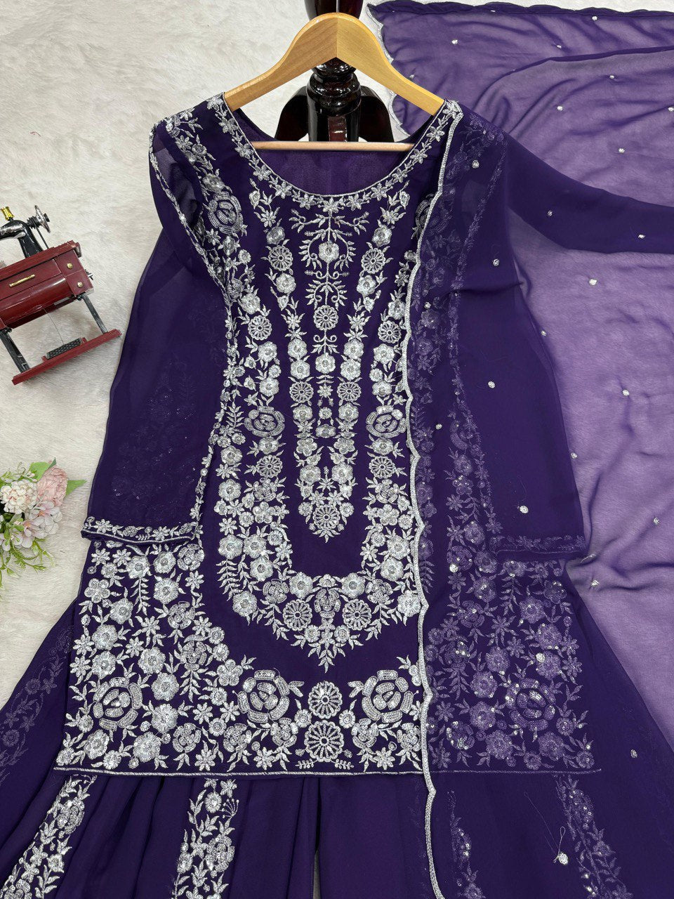Festive Wear Navy Color Faux Georgette And Thread With Sequence Work Beautiful Palazzo Suit